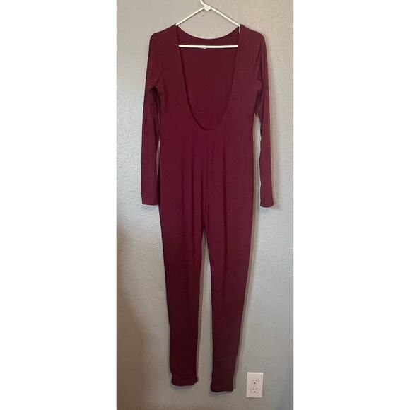 Fashion Nova Womens 1X Long Sleeve Pant Bodysuit Maroon Stretch Party - Picture 1 of 7